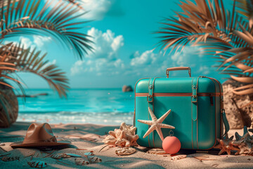 Illustration of concept summer travel vacation with bag, suitcase. AI generative