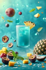 Wall Mural - Blue cocktail floating with sliced pineapple, passion fruit, and mango on turquoise background