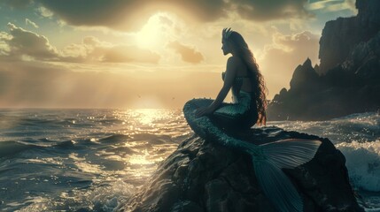 Wall Mural - Beautiful mysterious mermaid sitting on a rock with full moon in sea.