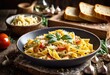 © Yaraslava - delicious pasta dish garlic bread rustic wooden table, food, meal, dinner, italian, cuisine, homemade, cooking, recipe, spaghetti, linguine, fettuccine