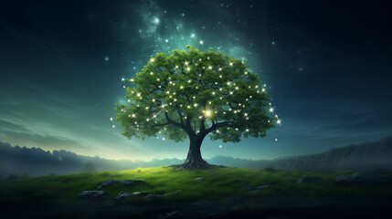 Wall Mural - a single green tree stands against the night sky. stars shine among the leaves of the tree