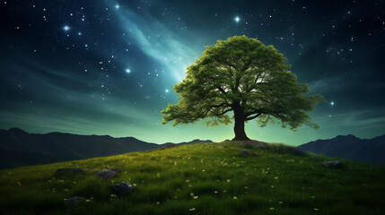 Wall Mural - A single green tree stands against the night sky.