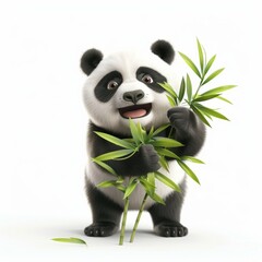 Wall Mural - A cute panda with bamboo leaves over white background