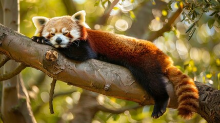 Poster - Portrait of red panda Ailurus on tree in wild forest