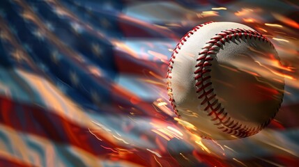 Wall Mural - Baseball in Motion Against Blurred American Flag - A baseball with red stitching is positioned against a blurred American flag with red, white, and blue stripes.