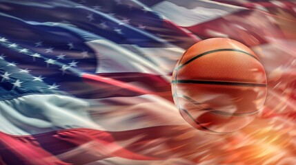 Wall Mural - American Basketball: A Patriotic Sport - A basketball is positioned in front of a blurred American flag, creating a patriotic and sporty atmosphere.