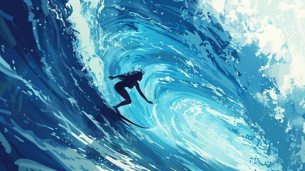 Wall Mural - Silhouette of a surfer surfing with high tide with water splashes