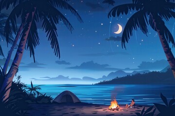 Poster - A digital illustration depicting a cozy night scene on a tropical beach, featuring a bonfire with people sitting around it, enjoying the warm evening air and the moonlit sky. Generative AI