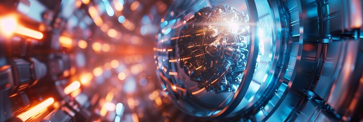 Poster - Futuristic Engine: A Glowing Heart of Technology - A close-up of a futuristic engine, glowing with blue and orange light. The intricate design of the engine is highlighted against a blurred background