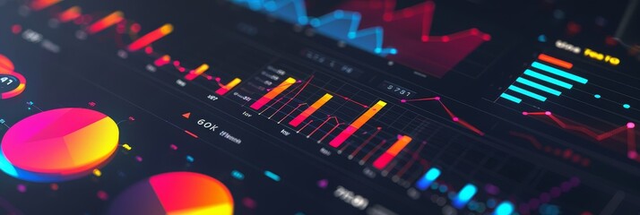 Poster - Colorful Data Visualization on a Dark Background - A close-up shot of a screen displaying various colorful data visualizations, including bar charts, line graphs, and pie charts.