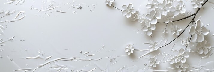 Poster - White Floral Pattern, 3D Relief, Minimalist Design - A delicate floral pattern, crafted in a 3D relief style, adorns a white background. The design is minimalist and elegant.