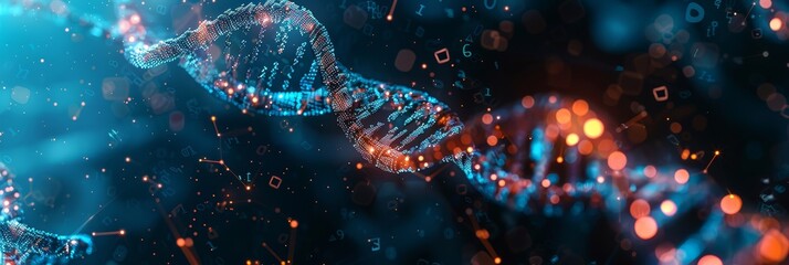 Poster - Abstract Digital DNA Helix in Blue and Orange - A digital DNA helix appears to be made of particles and glows blue and orange against a dark background.