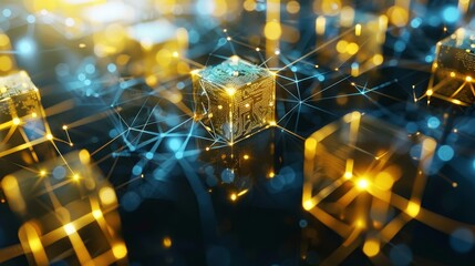 Poster - abstract representation of networked data cubes - a digital illustration of glowing, golden data cub
