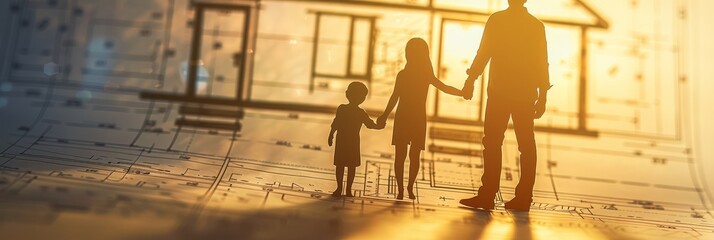 Family Silhouette on Blueprint - A family of three, outlined in silhouette, stand on a blueprint, with a blurred house plan in the background. The warm lighting gives a hopeful and optimistic feeling 