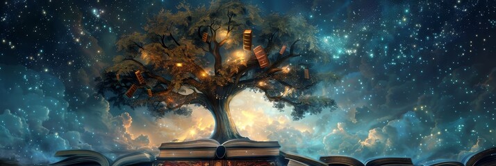 Poster - The Tree of Knowledge Growing from an Open Book - A fantastical image of a tree growing from an open book with books hanging from its branches, against a starry night sky.