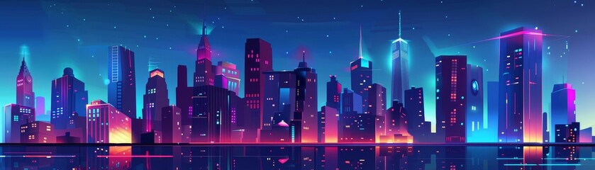 Poster - Neon Cityscape: A Vibrant Nighttime Skyline - A futuristic city skyline at night, illuminated by vibrant neon lights reflecting in the water.