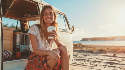 Wall Mural - A female holding a coffee cup by vintage camper van at sea beach in summer vacation