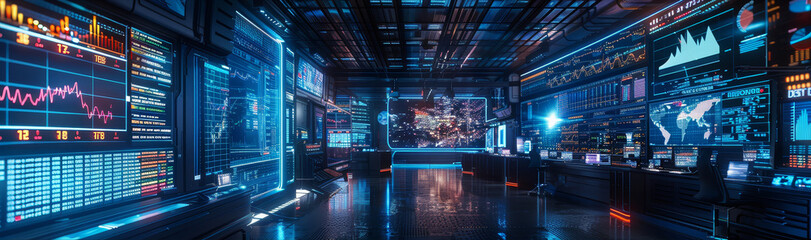 Poster - Futuristic Control Room with Data Displays and a View of a City - A futuristic control room filled with glowing screens displaying data, graphs, and a map of a city. The room has a sleek, dark design 