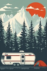 Wall Mural - Vintage retro poster of outdoor theme with RV truck trailer mountain forest.