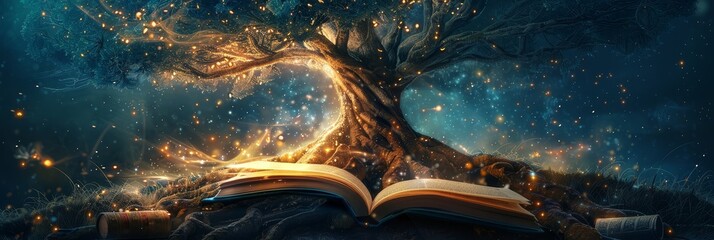 Poster - Enchanted Tree with Glowing Book in a Magical Forest - A large, glowing tree with intricate roots cradles an open book emitting magical light in a magical forest setting.