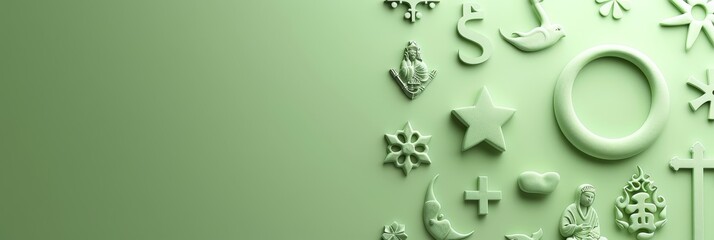 A Green Canvas of Religious Symbols - A minimalist composition features various religious symbols, all rendered in a light green color against a similar background, creating a subtle  