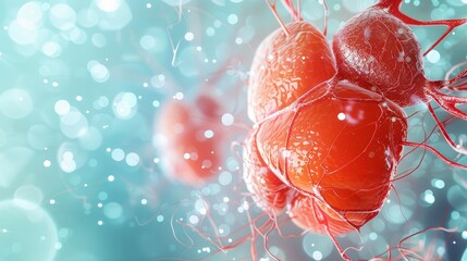 Poster - Close-Up of Red Cells Connected by Thin Filaments - A microscopic view of red cells connected by thin filaments, the background is a soft blue with white bokeh.