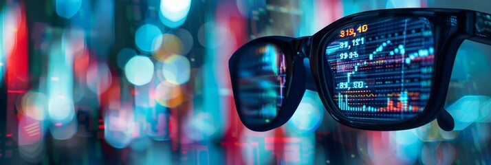 Poster - A Pair of Sunglasses Reflecting Stock Market Data - A pair of sunglasses with black frames and blue lenses reflecting stock market data with various lines, numbers, and graphs.