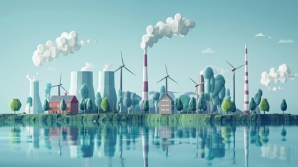Wall Mural - CO2 emitting smokestacks, transformation scene to clean energy, wind turbines, solar panels, and green technology