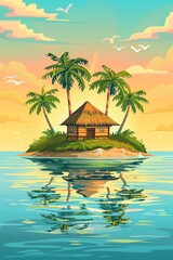 Poster - Vector illustration of beautiful scenic landscape of tropical sea island with palm tree and house