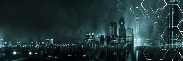 Poster - Futuristic Cityscape with Abstract Geometric Overlay - A stylized digital art piece depicting a city skyline with abstract geometric shapes overlaid.
