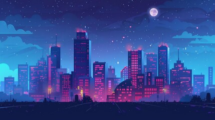 Poster - Nighttime Cityscape with Neon Lights and a Full Moon - A vibrant, digital illustration depicting a city skyline under a starry night sky. Buildings glow with neon lights, casting a colorful reflection