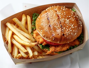 Wall Mural - Sesame Seed Burger with Crispy Fries