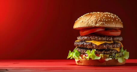 Triple-Stacked Burger on Red Background