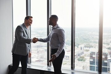Wall Mural - Business people, men and shaking hands in office for hiring, deal and recruitment to finance company or agency. Businessman, person and handshake for congratulations, thank you and welcome to career.