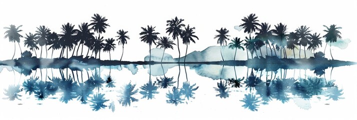 Wall Mural - Beautiful watercolor painting of tropical beach with coconut trees for poster greeting card design