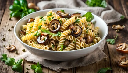 Poster - Vegetarian Vegetable pasta Fusilli with zucchini, mushrooms and capers in white bowl on wooden table.
