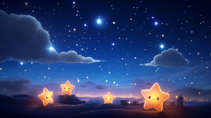 Wall Mural - Cartoon yellow five-pointed stars stand against a night starry sky backdrop