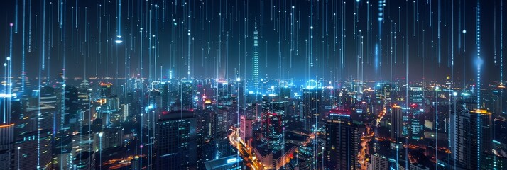 Poster - Digital Rain Over A Cityscape - An aerial view of a modern city at night with a glowing rain of digital data falling.