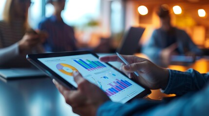 Wall Mural - Close-up of a marketing executive adjusting charts on a digital tablet showing revenue balance metrics in a modern office with blurred colleagues in background