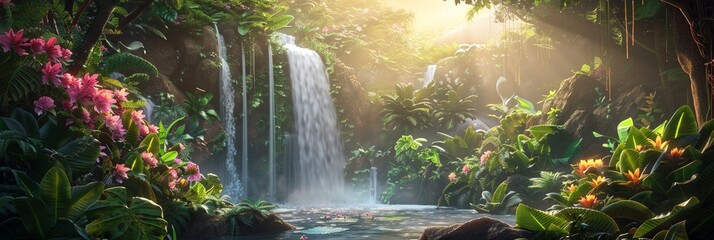 Wall Mural - Waterfall in deep tropical rainforest with green plants, moss, ferns.