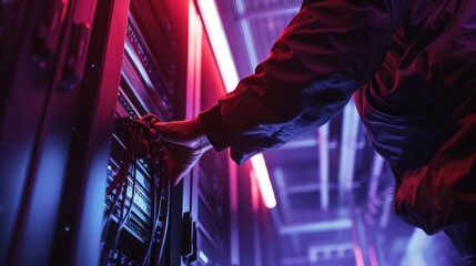 Poster - A technician works on a server rack in a modern data center, illuminated by colorful lights