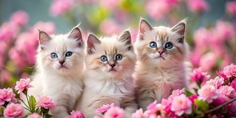 Wall Mural - Ragdoll kittens surrounded by pink flowers , cute, fluffy, playful, feline, pet, domestic, animals, floral, blossoms