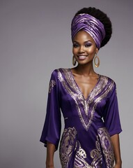 Sticker - purple theme fashion african pretty woman model influncer with clear smooth skin smiling on camera