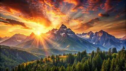 Wall Mural - Sunset glowing over the majestic mountains , sunset, mountains, nature, sky, dusk, landscape, scenic, beauty, twilight
