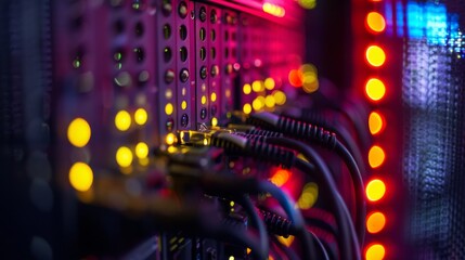 Poster - Close-up photo of a server rack displaying the network of cables intertwining its components, emphasizing the intricate connectivity of modern computing