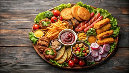 Wall Mural - Delicious fast food platter with assorted meats, garnishes, and culinary art, fast food, plate, meat, garnish, culinary