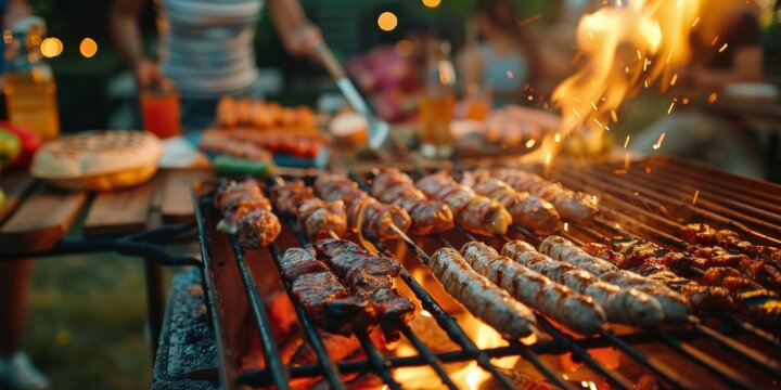 A group of people are gathered around a grill, cooking meat