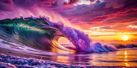 Wall Mural - Vibrant purple wave crashing on the beach at sunset, purple, wave, ocean, beach, sunset, vibrant, water, movement, energy