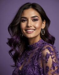 Wall Mural - purple theme fashion hispanic pretty woman model influncer with clear smooth skin smiling on camera