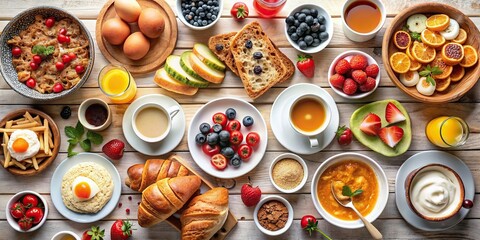 Modern, AI-generated image of a delicious breakfast spread, food, breakfast, morning, meal, plate, healthy, fruit, coffee, bread